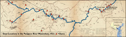 Map of dam locations. Credits: Large map (adapted), courtesy of the Maryland Geological Survey; small map, Karl Musser.