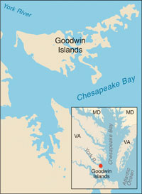 Goodwin Island detail map, Google Maps, adapted by Sandy Rodgers; inset Bay map, iStockphoto.com/University of Texas Map Library.