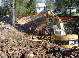 A construction crew uses heavy equipment in the channel of Jennifer Branch, Baltimore County. Credit: Biohabitats Inc.