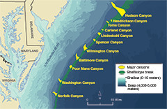 Underwater canyon map along the Atlantic coast. Credit: NOAA-OER/BOEM/USGS