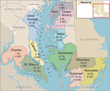 Maryland counties surrounding the Chesapeake Bay. Credit:  Map created by Sandy Rodgers on a base map from vectorstock.com