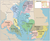 Maryland counties surrounding the Chesapeake Bay. Map created by Sandy Rodgers on a base map from vectorstock.com