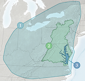 Airshed boundaries for the Chesapeake Bay. Map courtesy of NASA Goddard Space Flight Center; Airshed boundaries adapted from Chesapeake Bay Program map