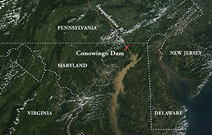 Sediment flowing into the Bay. Satallite image, NASA