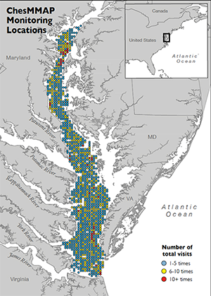 Map shows the locations and frequency of past ChesMMAP visits. Map, Virginia Institute of Marine Science