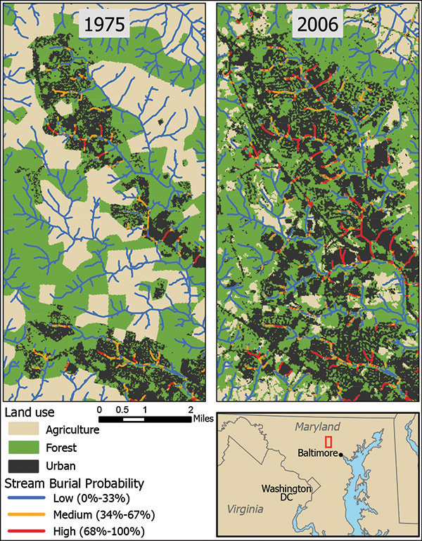 A side-by-side diagram comparing urban growth for 1975 an 2006.