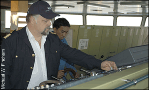 Captain Torbjorn Pedersen at the helm of the Taiko