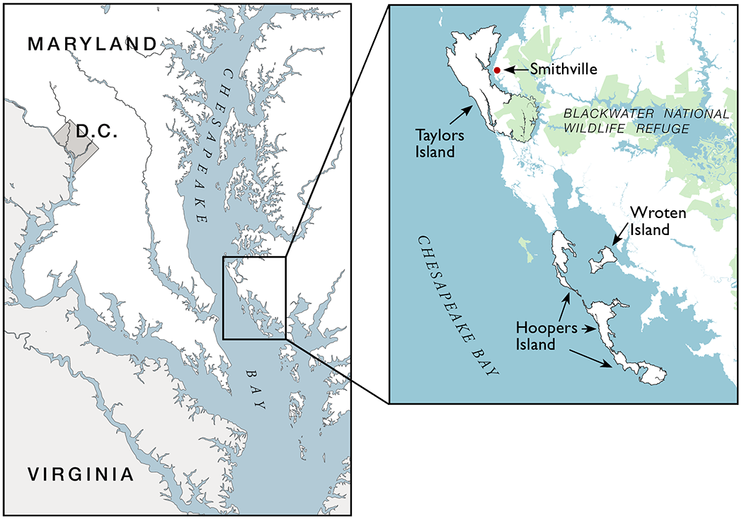 Maps show Smithville’s location and nearby lands. Taylors Island and Upper Hooper Island are still solid communities; residents abandoned Wroten Island decades ago for higher ground in Dorchester County.