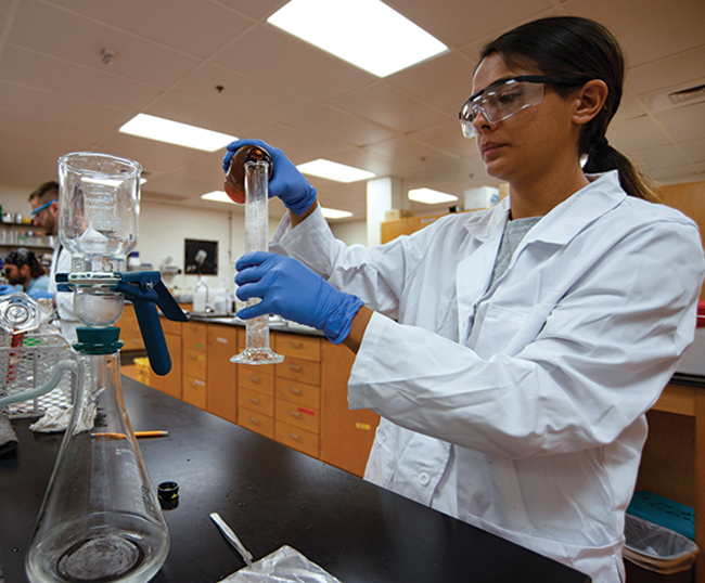 Biology major Stephanie Vargas looks at a water sample. Photo, Nicky Lehming / MDSG