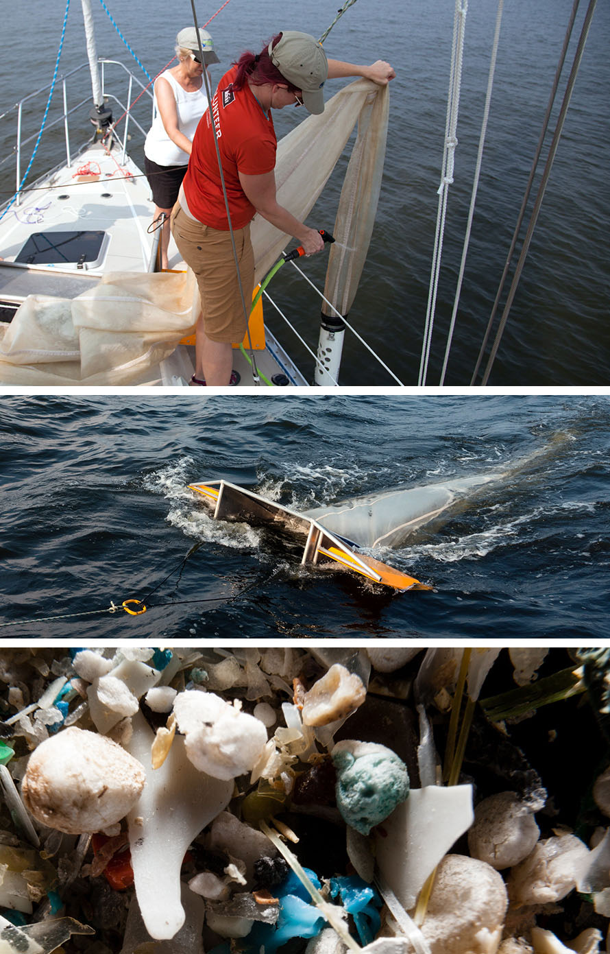 Images of Julie Lawson, and Elvia Thompson, a trolling basket being dragged on the surface of the Chesapeake Bay, and a closeup image of tiny plastics that have been recovered from the cleanup.