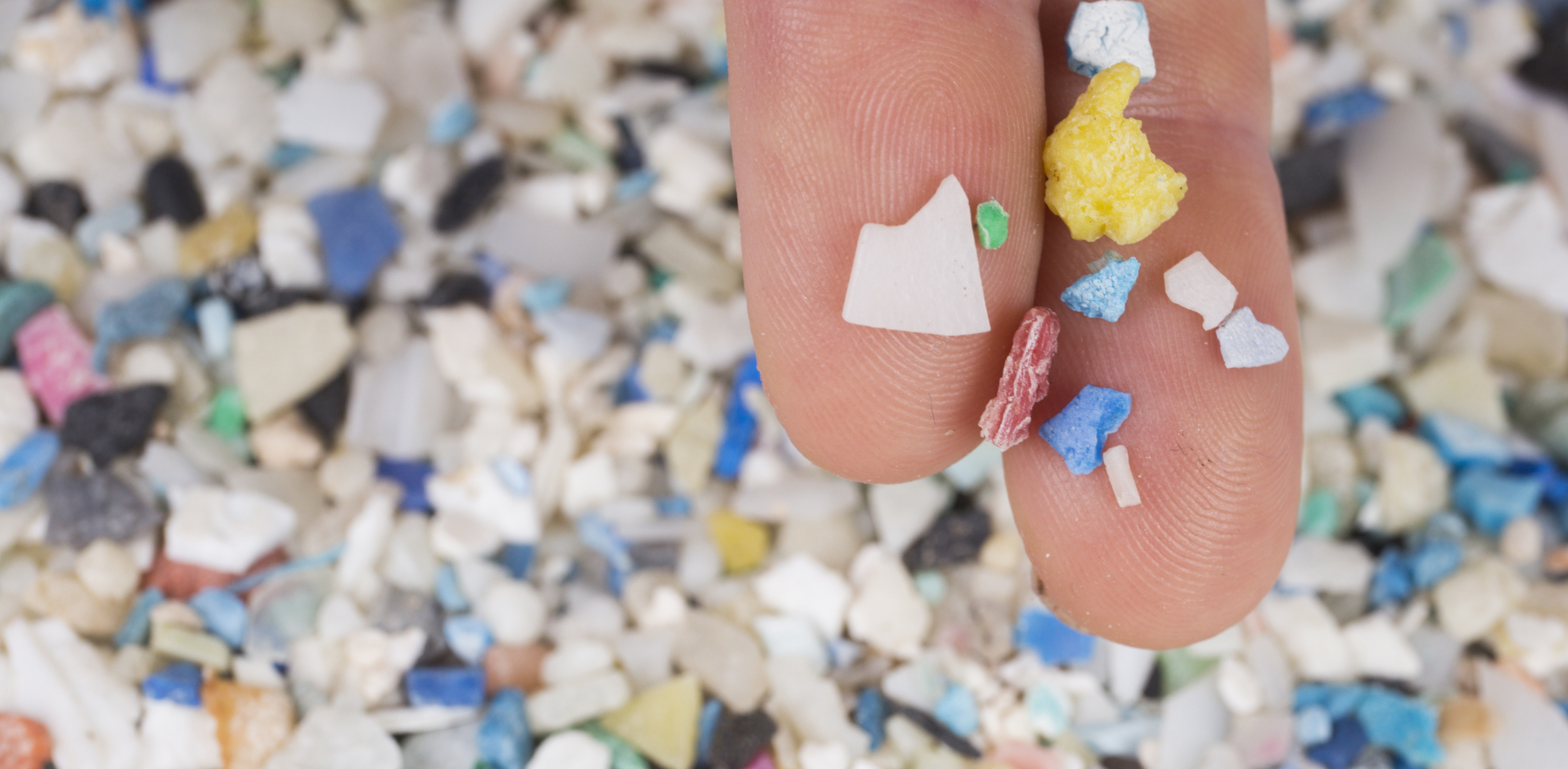 A closeup image of tiny bits of multi-colored plastic on two fingers, hovering over a bed of thousands of multicolored plastic bits.