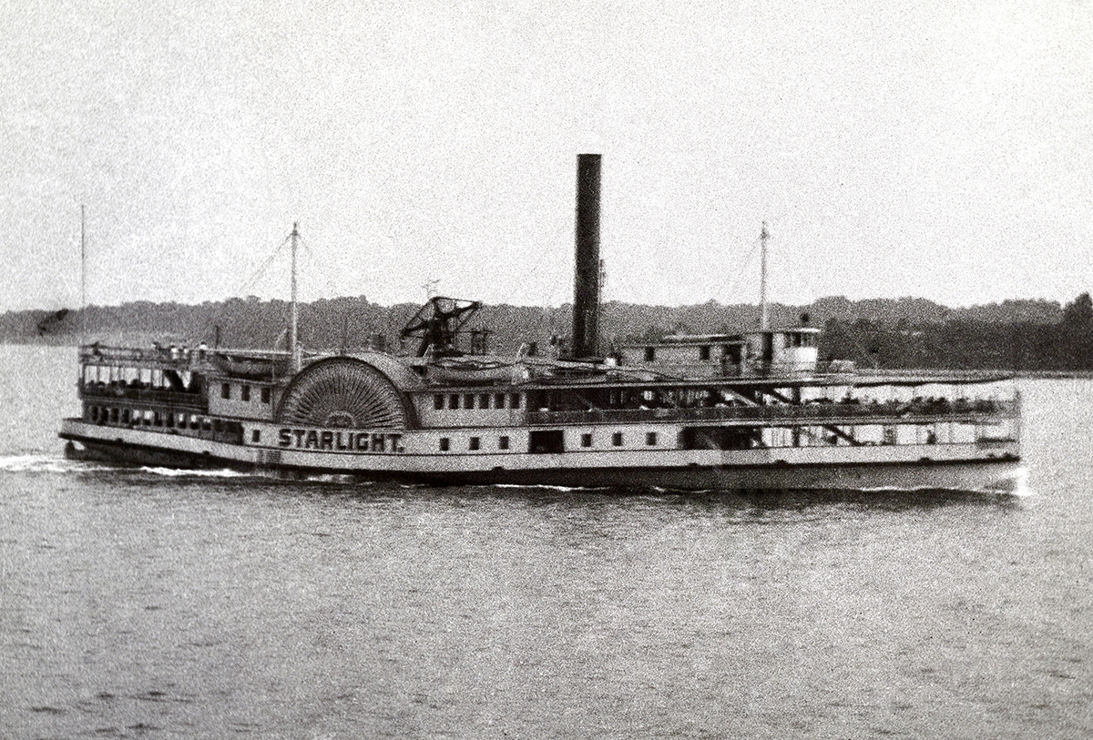 Black and white photo of a paddlewheel boat on the Chesapeake, called the Starlight.