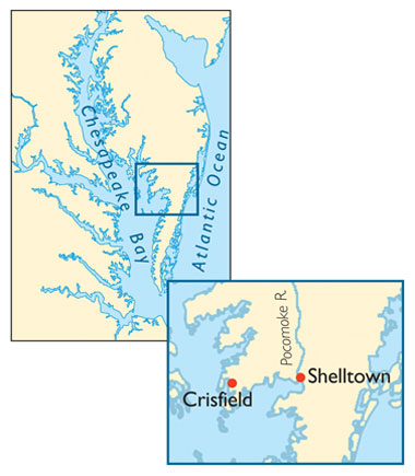 Map showing location of Shelltown and Crisfield on the eastern shore of Maryland