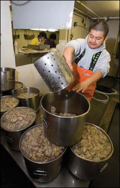 A worker packing oysters, photograph by Skip Brown