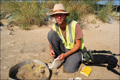 Ryan Trimbath kneeling near a terrapin nest