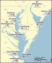 map showing sea level rise in Maryland