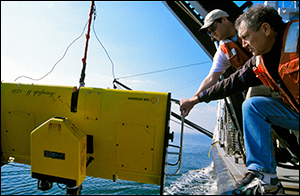 Bill Boicourt and former research assistant Tom Wazniak lower a ScanFish. Photograph: Michael W. Fincham