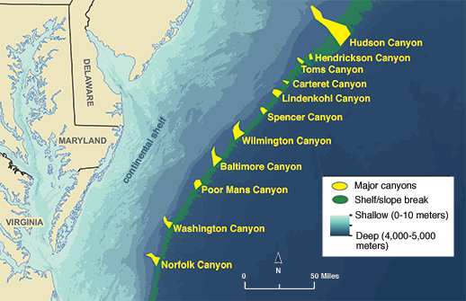 Underwater canyon map along the Atlantic coast. Credit: NOAA-OER/BOEM/USGS