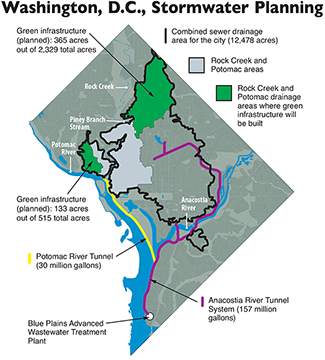 Washington's water-and-sewer authority map. Graphic: adapted by Sandy Rodgers from a DC Water image