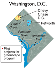 Washington, D.C. map showing the Chevy Chase and Petworth neighborhoods. Map: adapted by Sandy Rodgers from a DC Water map
