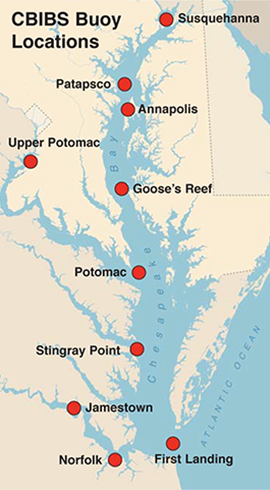 Chesapeake Bay Interpretive Buoy System (CBIBS). Map, created by Sandy Rodgers on a base map from Vectorstock.com