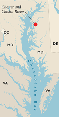 Chesapeake Bay map showing the Chester and Corica Rivers. Map, Sandy Rodgers and iStockphoto.com