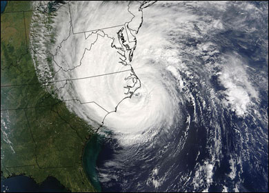 Hurricane Isabel making landfall. Photograph by MODIS Rapid Response Project at NASA/GSFC