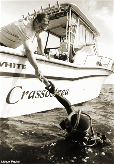 Ken Paynter hands off an underwater video camera to diver Tim Koles