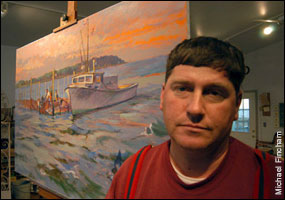 Tilghman Hemsle next to his painting of a skipjack