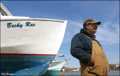 David Horseman takes a break from his work preparing his crabbing boat the Becky Rae for the upcoming season. - by Skip Brown