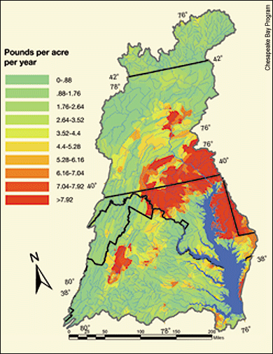 Map showing Total nitrogen from agriculture reaching the tributaries