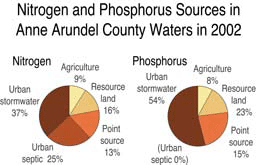 two pie charts showing sources of nitrogen and phosphorus in Ann Arundel County waters 2002 - Chesapeake Bay Program