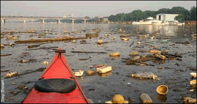 kayak view of trash on the Anacostia River