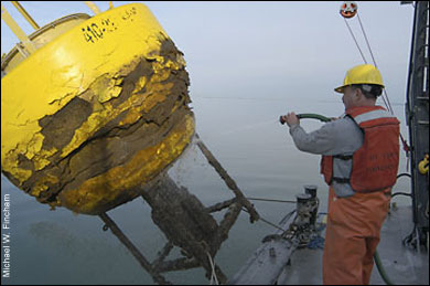 yellow weather bouy brought back onboard
